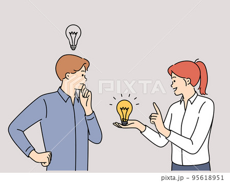 Smiling woman with lightbulb help male with idea Smiling woman with lightbulb help male with idea 95618951