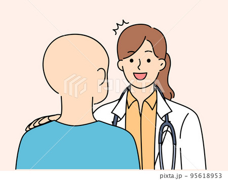 Smiling doctor help talk with cancer patient  95618953