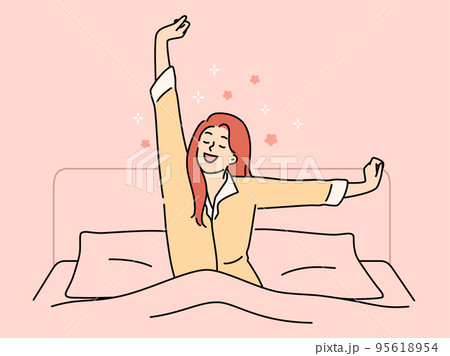 Happy woman stretch wakeup in bed 95618954
