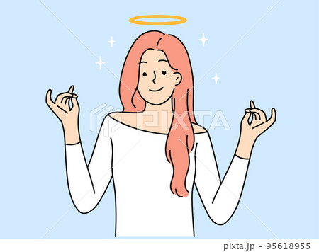 Smiling woman with halo above head  95618955