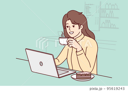 Smiling woman drink coffee work on laptop in cafe 95619243