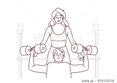 Female trainer help male client in gym Female trainer help male client in gym 95619258