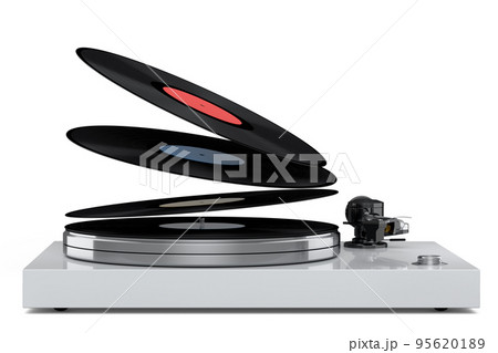 Vinyl record player or DJ turntable with flying vinyl plate on white background. 95620189