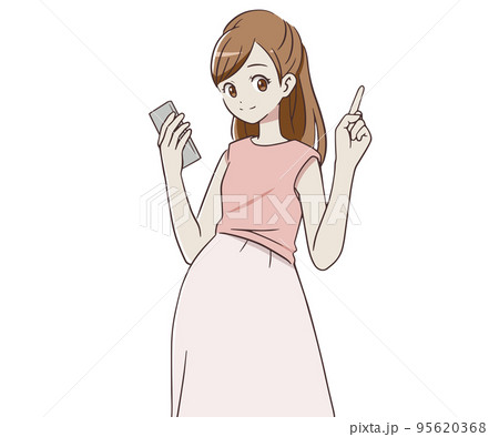 スマートフォンを持ち、人差し指を立てる妊婦 95620368