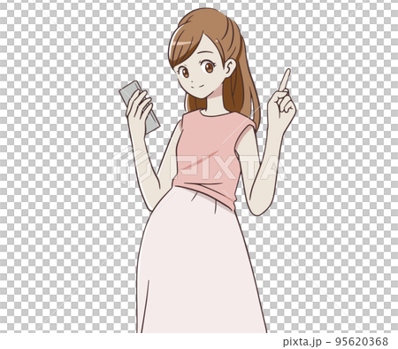 一名孕婦拿著智能手機，舉起食指 95620368