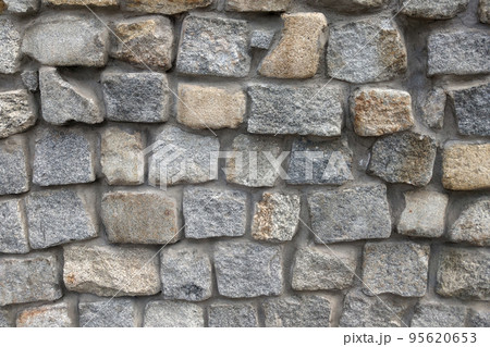 View of the concrete wall with stones, the protective structure. View of the concrete wall with stones, the protective structure. 95620653