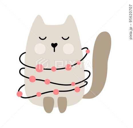 Cute baby cartoon vector cat wrapped in Christmas garland. Color doodle scandinavian style for new year. Graphic resource for graphic, content, banner 95620707