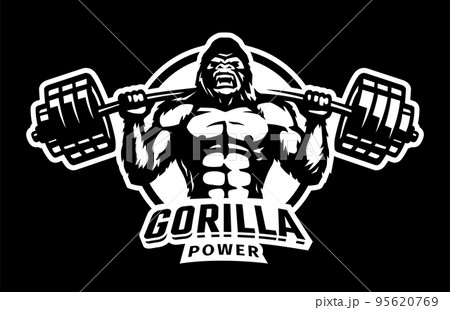 Gorilla with a barbell . Bodybuilding and fitness logo on a dark background. Vector illustration. 95620769