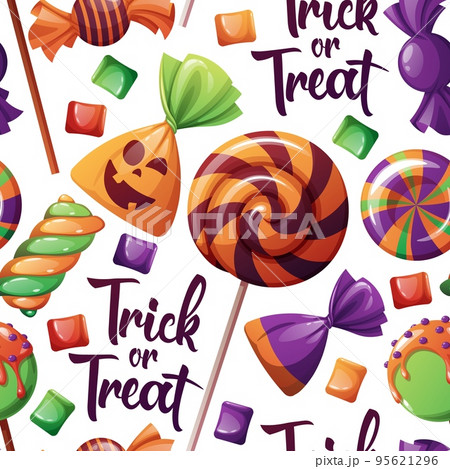 Seamless pattern with Halloween sweets on a dark background. Trick or treat. Texture with candies and lollipops with a spiral pattern. Suitable for wrapping paper, scrapbooking, wallpaper, textile Seamless pattern with Halloween sweets on a dark background. Trick or treat. Texture with candies and lollipops with a spiral pattern. Suitable for wrapping paper, scrapbooking, wallpaper, textile 95621296