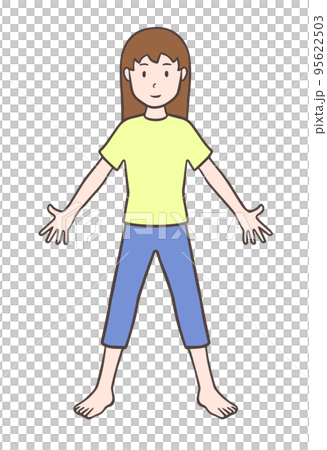 Woman standing barefoot with outstretched arms Woman standing barefoot with outstretched arms 95622503