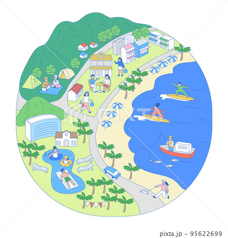 drawing of society, village, country with tourism, travel industry 95622699