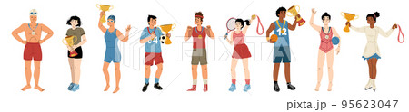 Happy athletes winners with gold medals and cups Happy athletes winners with gold medals and cups 95623047