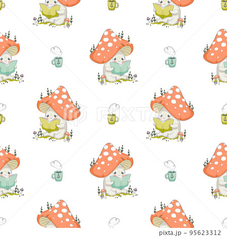 Mushroom cartoon vector illustration for posters, T-shirt print, postcard. Kids card print template and seamless background pattern  95623312