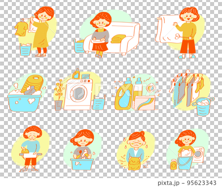 Illustration of a woman doing laundry and cleaning 95623343
