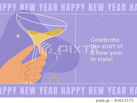 Image of happy new year, hand with glass of champagne and violet background 95623575