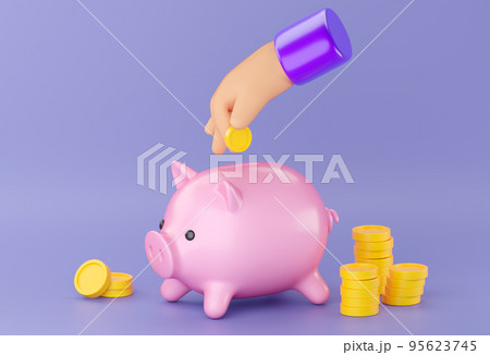 3d human hand putting coin in Piggy bank. Business, saving, money, banking, finance investment and services concept. Profit and growth design idea. Realistic 3d isolated high quality render 95623745