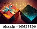 Gift box package with ribbon on colorful blurred background. 95623899