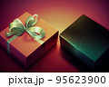 Gift box package with ribbon on colorful blurred background. 95623900