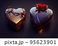 Gift box heart shaped package with ribbon on colorful blurred background. 95623901