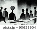Black and white illustration of scientist brainstorm science meeting 95623904
