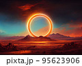Big orange neon circle portal above planet abstract art scene night fantasy landscape 95623906