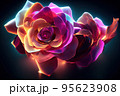 Fantasy magical dark background with magic rose flower reflection neon light on edge 95623908