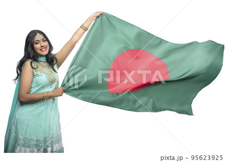 Woman holding Bangladesh flag 95623925