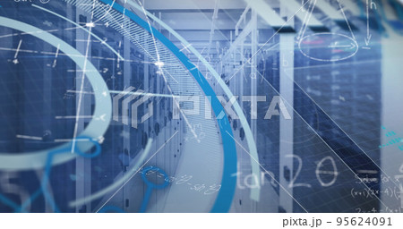 Image of processing circle and math formulas over servers 95624091