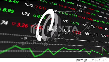 Image of round scanner over stock market data processing against black background Image of round scanner over stock market data processing against black background 95624252