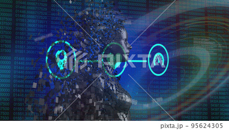 Image of data processing with icons and digital human over shapes on black background Image of data processing with icons and digital human over shapes on black background 95624305