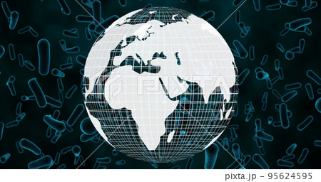 Illustration of globe and microscopic bacteria against blue background, copy space Illustration of globe and microscopic bacteria against blue background, copy space 95624595