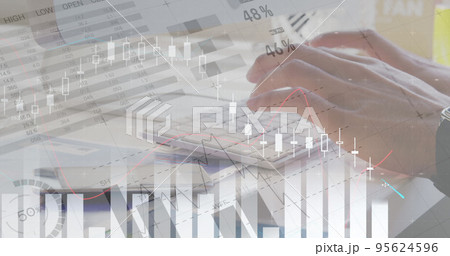 Composite of infographic interface over cropped hands of businessperson typing on keyboard 95624596