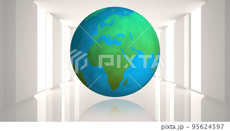 Composite of green and blue globe amidst walls in corridor, copy space 95624597