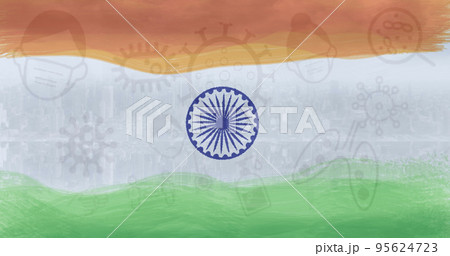 Illustration of coronavirus icons of people wearing masks, viruses over indian national flag Illustration of coronavirus icons of people wearing masks, viruses over indian national flag 95624723