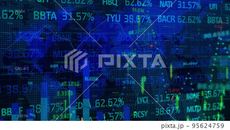 Image of financial data processing and stock market over world map on blue background Image of financial data processing and stock market over world map on blue background 95624759