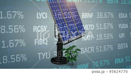 Image of stock market data processing over solar panel and plant sampling on blue background 95624770
