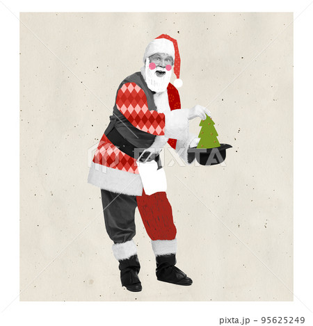 Contemporary art collage. Man in image of Santa Claus holding hat and taking Christmas tree out 95625249