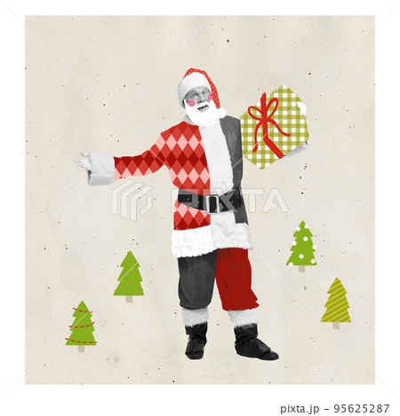 Contemporary art collage. Cheerful senior man in image of Santa Claus holding many present boxes. Winter gifts 95625287