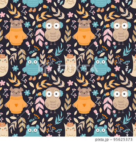 Seamless pattern with cute owls and twigs. Wallpaper for  children room. Printing on fabric and wrapping paper. Floral ornament. 95625373
