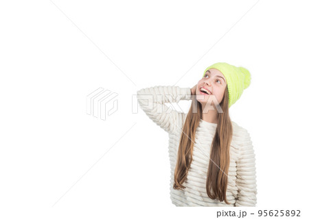 happy teen girl in knitted hat warm clothes isolated on white copy space, fashion happy teen girl in knitted hat warm clothes isolated on white copy space, fashion 95625892