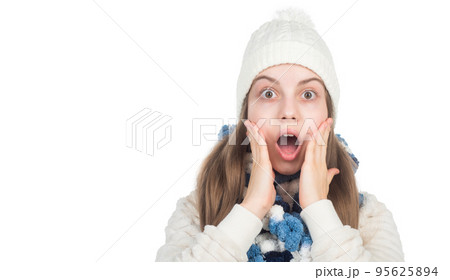 what a surprise. warm clothes. surprised teen girl in winter clothes. childhood happiness. what a surprise. warm clothes. surprised teen girl in winter clothes. childhood happiness. 95625894