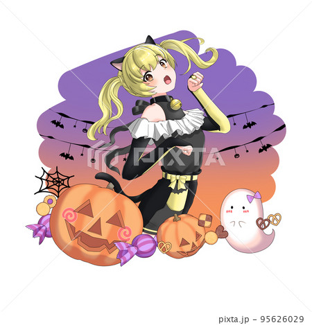 【背景あり】黒猫のコスプレをした黄色担当ツインテールの女の子 【背景あり】黒猫のコスプレをした黄色担当ツインテールの女の子 95626029