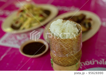 Asian Thai food Glutinous or sticky rice in bamboo wicker Asian Thai food Glutinous or sticky rice in bamboo wicker 95626990