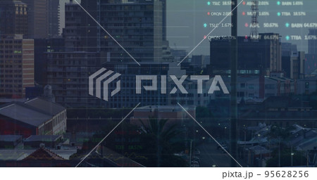 Image of finacial data processing over cityscape 95628256