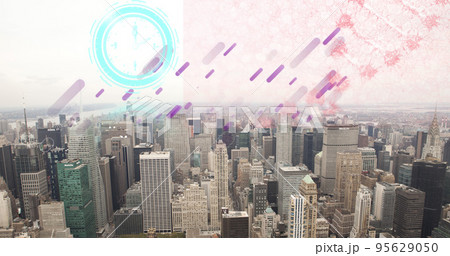 Composite of circle, spherocylinder shapes and dna helix over aerial view of cityscape against sky 95629050