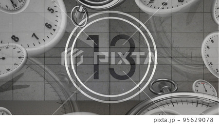 Image of number thirteen in vintage black and white film projector countdown with clocks and watches Image of number thirteen in vintage black and white film projector countdown with clocks and watches 95629078
