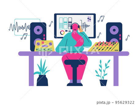 Sound designer or audio engineer creating music on computer, flat vector illustration isolated on white background. 95629322
