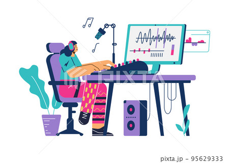Sound audio designer working on music track flat vector illustration isolated. Sound audio designer working on music track flat vector illustration isolated. 95629333