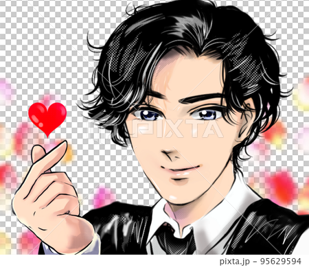 Handsome black-haired male idol Sending a sign of love with a Korean idol-style heart with your finger Color cartoon illustration Handsome black-haired male idol Sending a sign of love with a Korean idol-style heart with your finger Color cartoon illustration 95629594