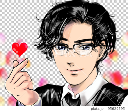 Black-haired handsome man with glasses Male idol Sending a sign of love with a Korean idol-style heart with a finger Color cartoon illustration 95629595